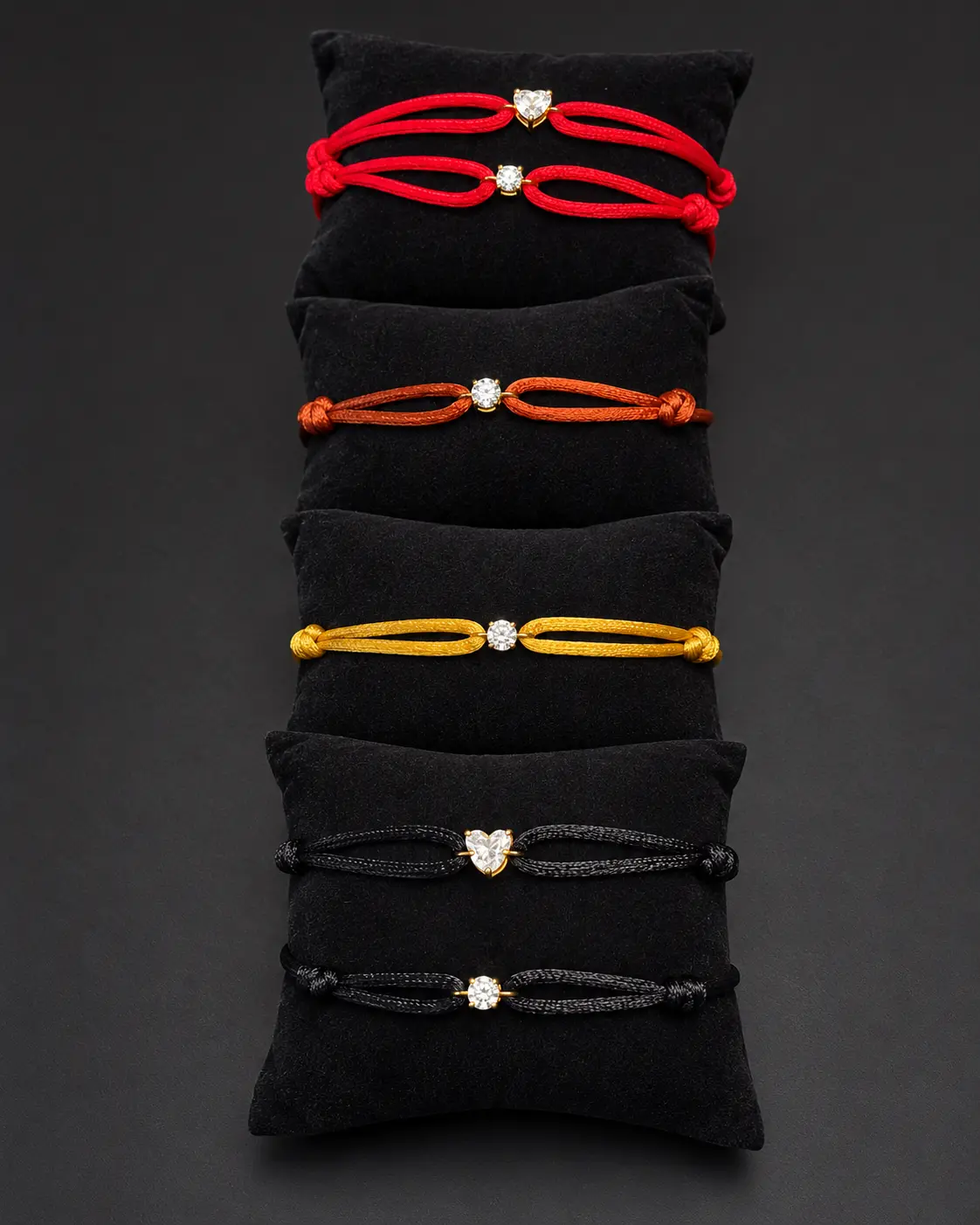 Individual Soul Ties bracelets with red, rust, golden yellow and black cords