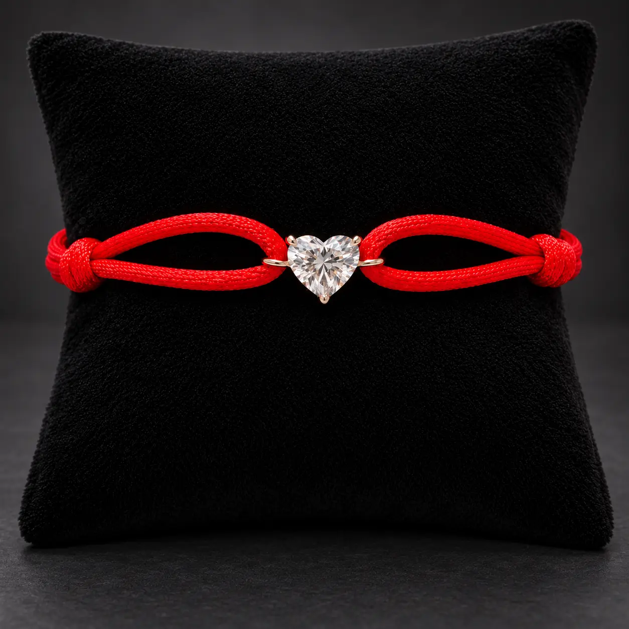 A red Soul Ties Heart bracelet on black velvet