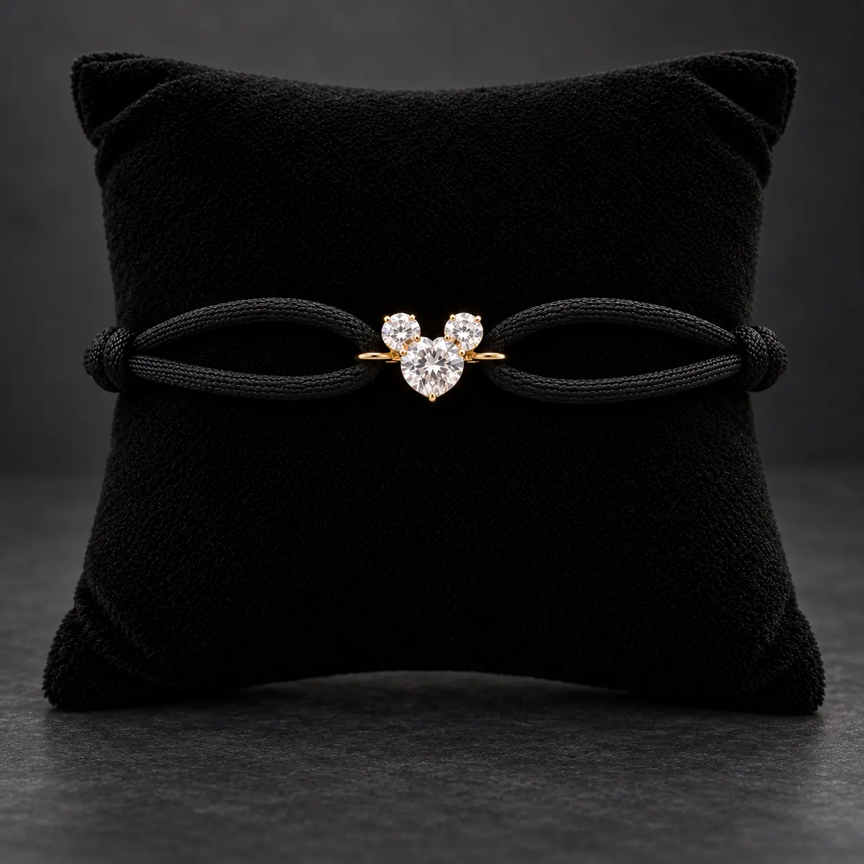 Soul Ties Joy, a black double-cord bracelet with a playful three-stone centre on black velvet